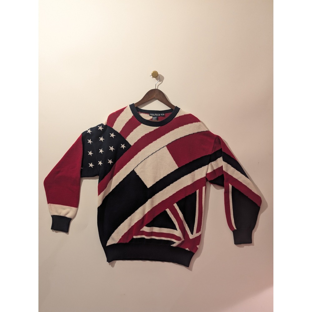 Nautica Sweater Mens XL Red White Blue Good Abstract Flag Vintage Knit Pullover